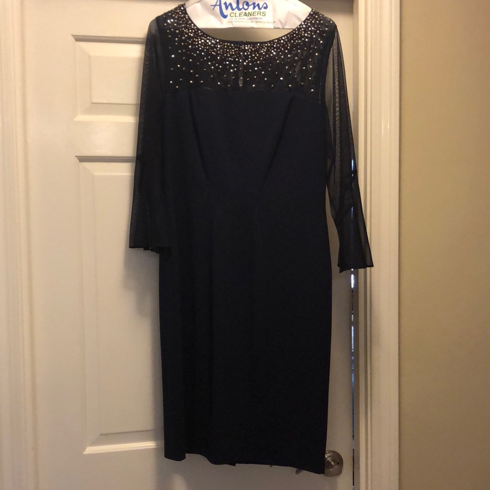 Alex Evenings navy blue dress with illusion sleeves and silver and copper beads